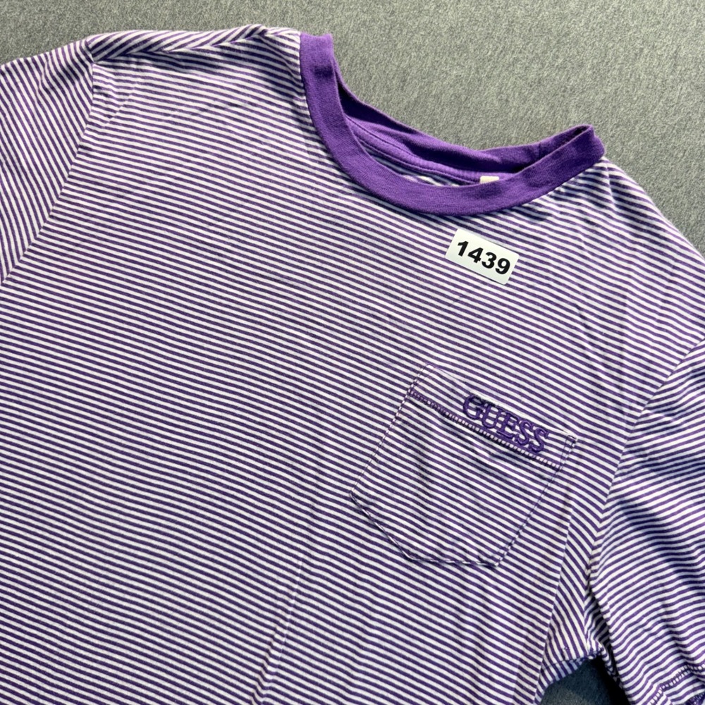Guess Los Angeles Mens Purple White Striped Pocket T-Shirt Size Medium Short Slv